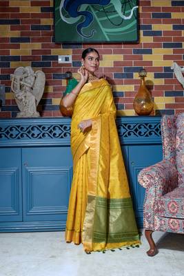 Soft Tusser Silk With All Over Bandhani Style Butti Weaves & Kantha Stich Border 2