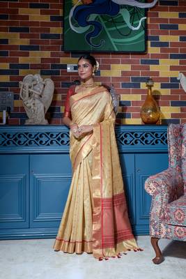 Soft Tusser Silk With All Over Bandhani Style Butti Weaves & Kantha Stich Border 1