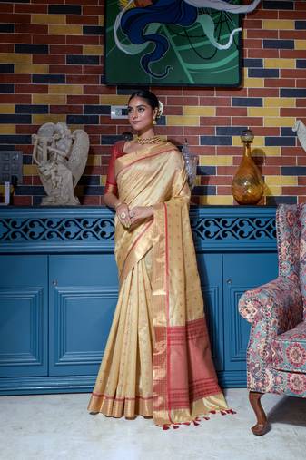 Soft Tusser Silk With All Over Bandhani Style Butti Weaves & Kantha Stich Border