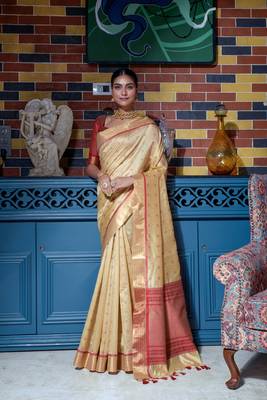 Soft Tusser Silk With All Over Bandhani Style Butti Weaves & Kantha Stich Border 2