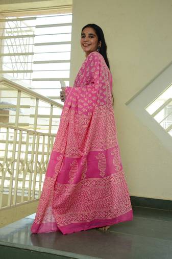 Poppins Collection - Pink Poppins Candy - Handblock Print Natural Dyed - Mulmul Cotton Saree