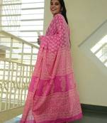 Poppins Collection - Pink Poppins Candy - Handblock Print Natural Dyed - Mulmul Cotton Saree