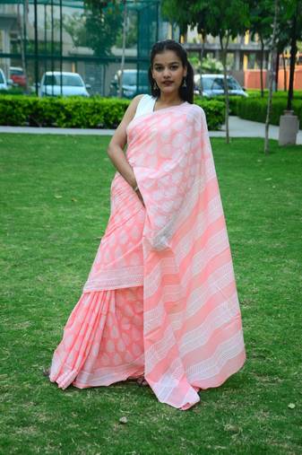 Summer Vacation Collection - Peachy Affair- Handblock Print Natural Dyed - Mulmul Cotton Saree