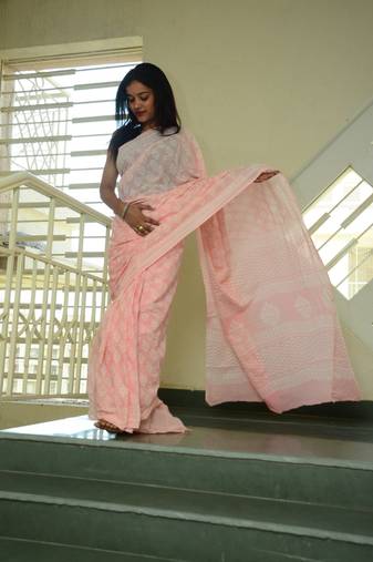 Summer Vacation Collection - Peachy Pink- Handblock Print Natural Dyed - Mulmul Cotton Saree