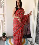 Red Ajarakh|Cotton Mulmul Handlock Saree