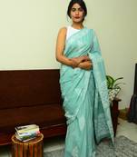 Kisse Kahaniya: Mint - Handblock Print Natural Dyed - Mulmul Cotton Saree