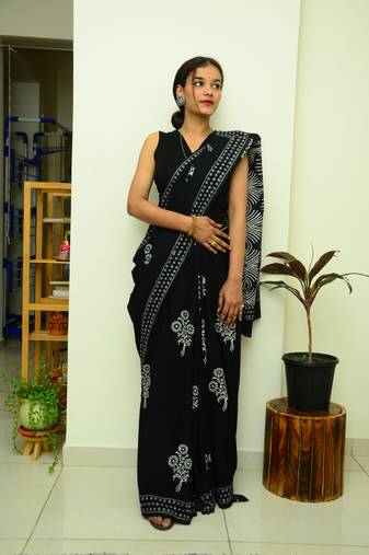 A Date Night: Black - Handblock Print Natural Dyed - Mulmul Cotton Saree