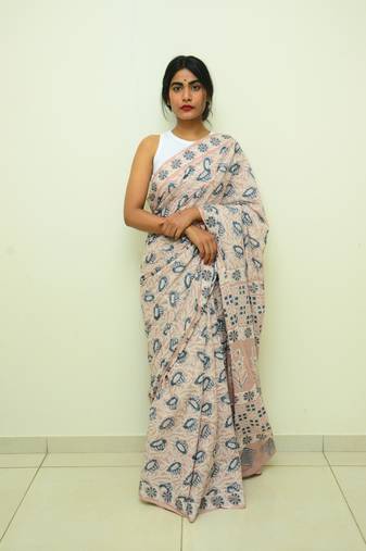 Splashes On The Beach - Handblock Print Natural Dyed - Mulmul Cotton Saree