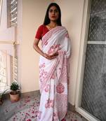 A Girl At Durga Puja - Handblock Print Natural Dyed - Mulmul Cotton Saree