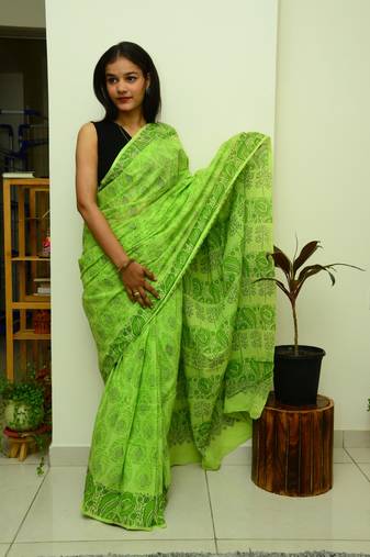 Summer Vacation Collection - Hariya Baag - Handblock Print Natural Dyed - Mulmul Cotton Saree