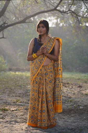 A Beautiful Sunset - Ajarakh Handblock Print Natural Dyed - Mulmul Cotton Saree