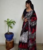 Red Black Batik - Handblock Print Natural Dyed - Linen Cotton Saree