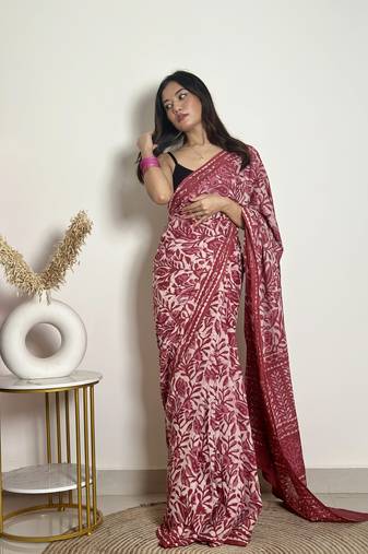Bougainvillea - Cotton Mulmul - Handblock Dabu Saree