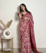 Bougainvillea - Cotton Mulmul - Handblock Dabu Saree