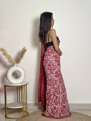 Bougainvillea - Cotton Mulmul - Handblock Dabu Saree 5