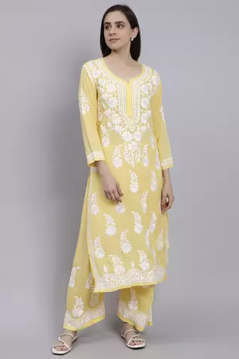 hand embroidered yellow cotton blend lucknow chikankari women kurta set
