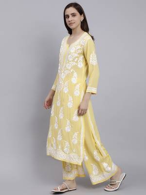 hand embroidered yellow cotton blend lucknow chikankari women kurta set 3