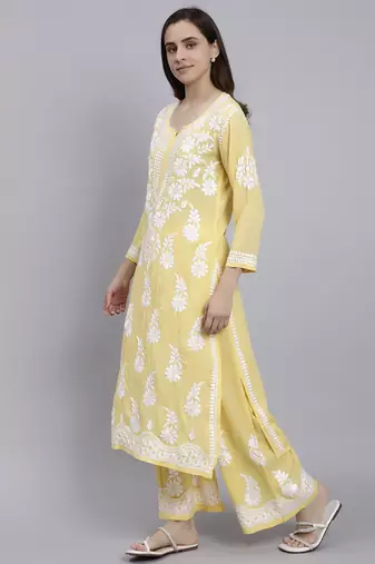 hand embroidered yellow cotton blend lucknow chikankari women kurta set