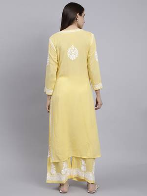 hand embroidered yellow cotton blend lucknow chikankari women kurta set 4