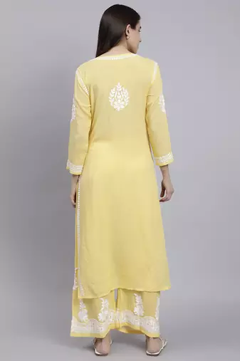 hand embroidered yellow cotton blend lucknow chikankari women kurta set