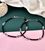 Silver plated oxidized black beads anklet with  charm