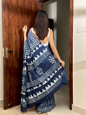 Navy Blue Cotton Printed Saree 2