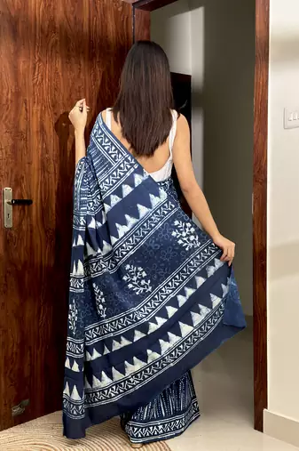 Navy Blue Cotton Printed Saree