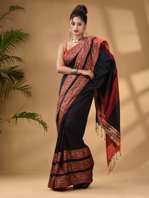 Black Cotton Handwoven Soft Saree With Paisley Border 1