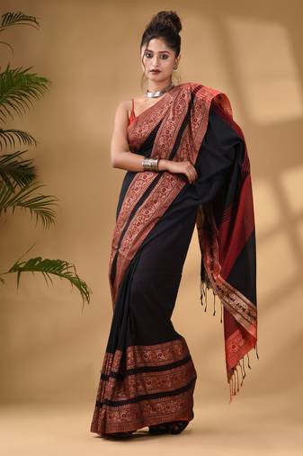 Black Cotton Handwoven Soft Saree With Paisley Border