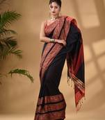 Black Cotton Handwoven Soft Saree With Paisley Border