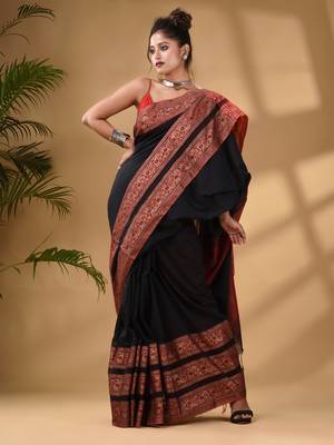 Black Cotton Handwoven Soft Saree With Paisley Border 2