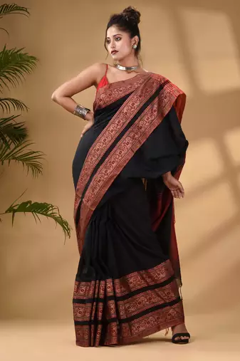 Black Cotton Handwoven Soft Saree With Paisley Border