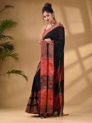 Black Cotton Handwoven Soft Saree With Paisley Border 3