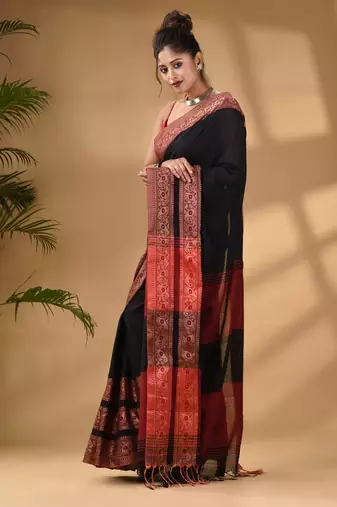 Black Cotton Handwoven Soft Saree With Paisley Border