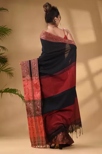 Black Cotton Handwoven Soft Saree With Paisley Border