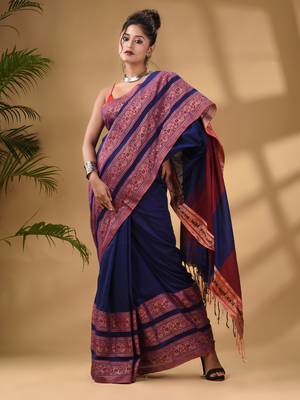 Blue Cotton Handwoven Soft Saree With Paisley Border 1
