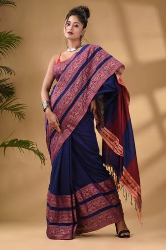 Blue Cotton Handwoven Soft Saree With Paisley Border