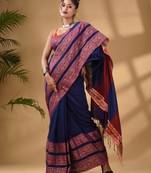 Blue Cotton Handwoven Soft Saree With Paisley Border