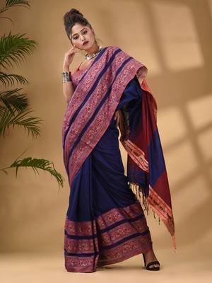 Blue Cotton Handwoven Soft Saree With Paisley Border 2