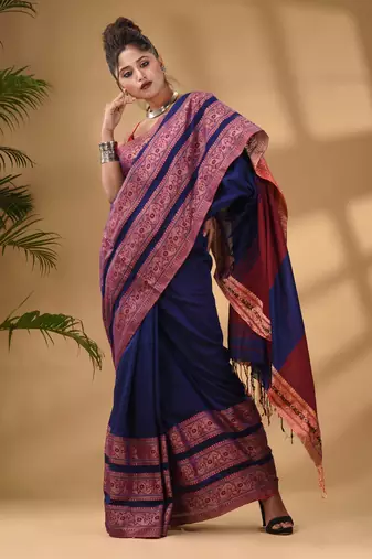 Blue Cotton Handwoven Soft Saree With Paisley Border