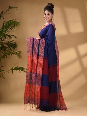 Blue Cotton Handwoven Soft Saree With Paisley Border 3