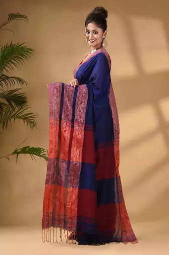 Blue Cotton Handwoven Soft Saree With Paisley Border