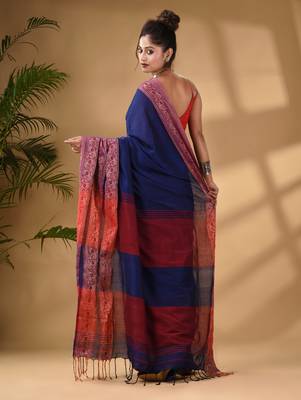 Blue Cotton Handwoven Soft Saree With Paisley Border 4