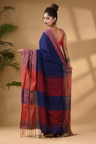 Blue Cotton Handwoven Soft Saree With Paisley Border