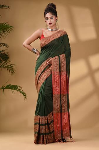 Green Cotton Handwoven Soft Saree With Paisley Border