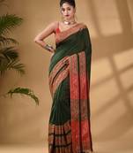 Green Cotton Handwoven Soft Saree With Paisley Border