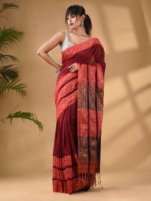 Dark Red Cotton Handwoven Soft Saree With Paisley Border 1