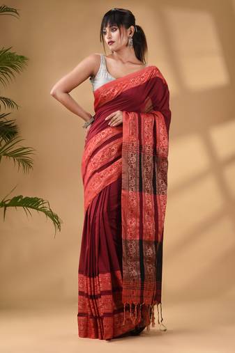 Dark Red Cotton Handwoven Soft Saree With Paisley Border