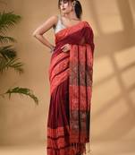 Dark Red Cotton Handwoven Soft Saree With Paisley Border