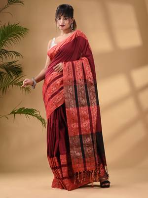 Dark Red Cotton Handwoven Soft Saree With Paisley Border 2